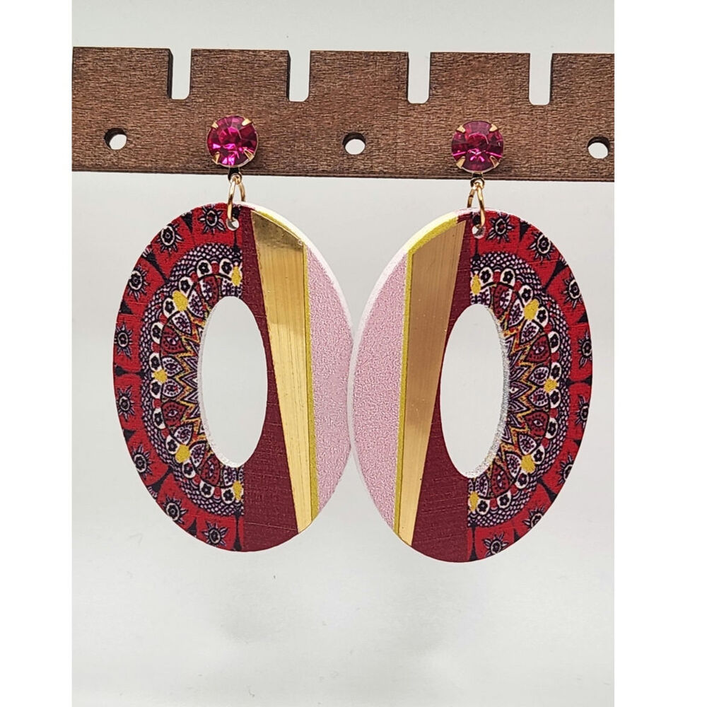 Boho Red Mandala and Gold Geometric Oval Wood Statement Dangle Earrings